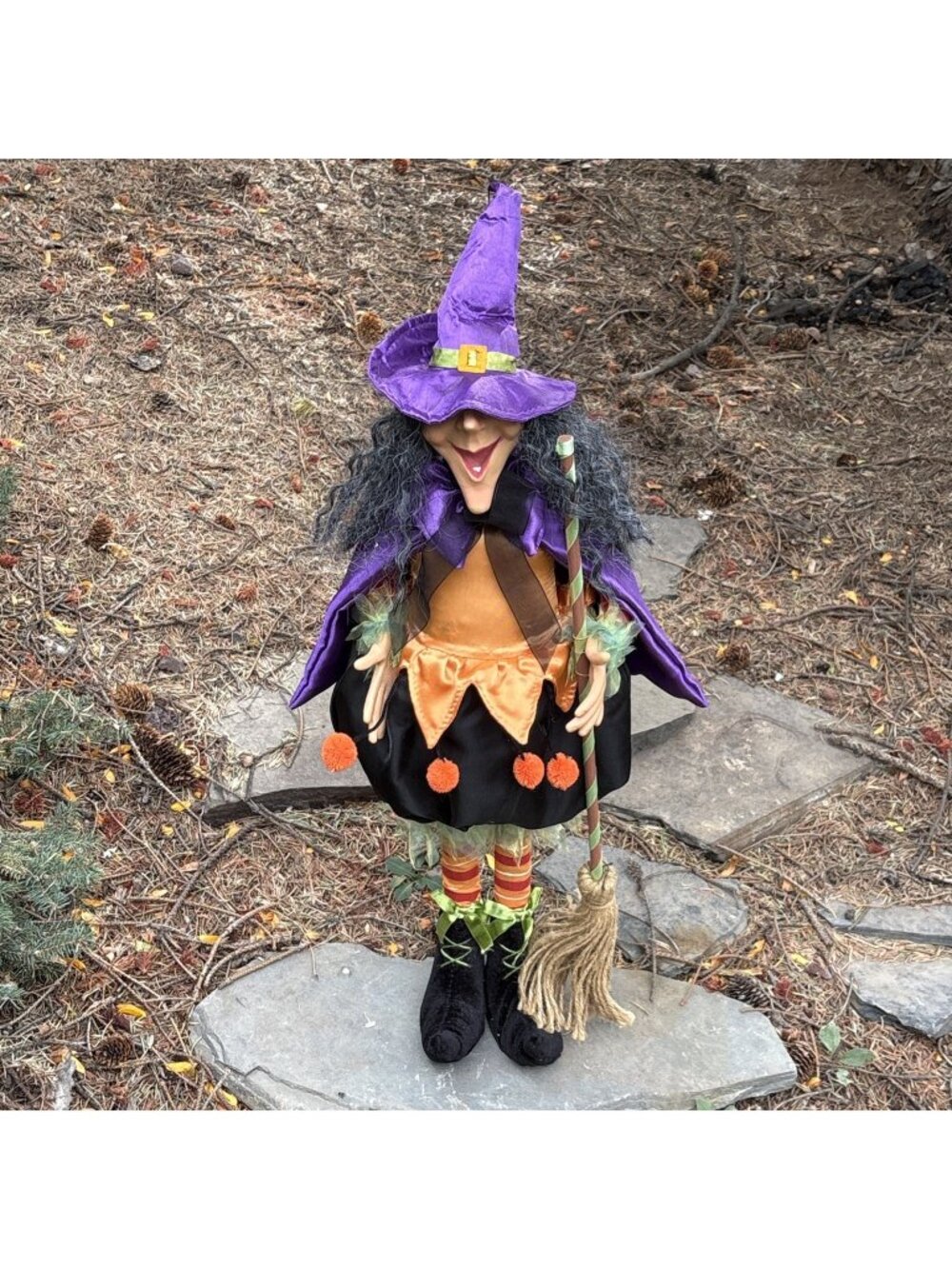 Whimsical Halloween Witch Orange Black Satin Velvet Resin Broomstick Spider 28”